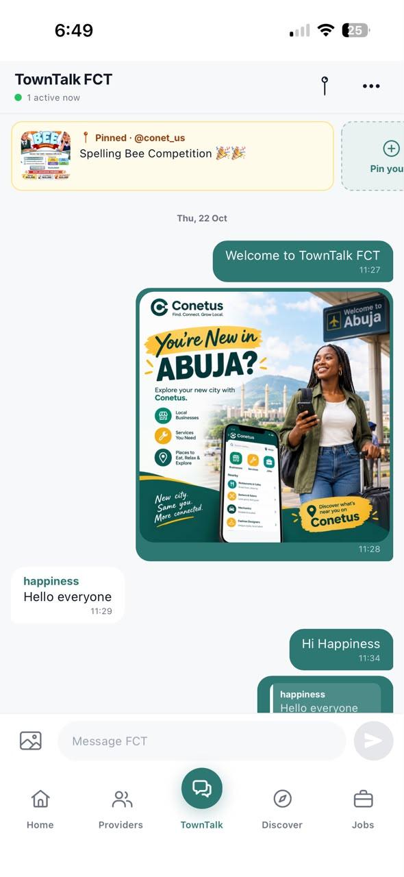 The TownTalk FCT chat room in the Conetus app